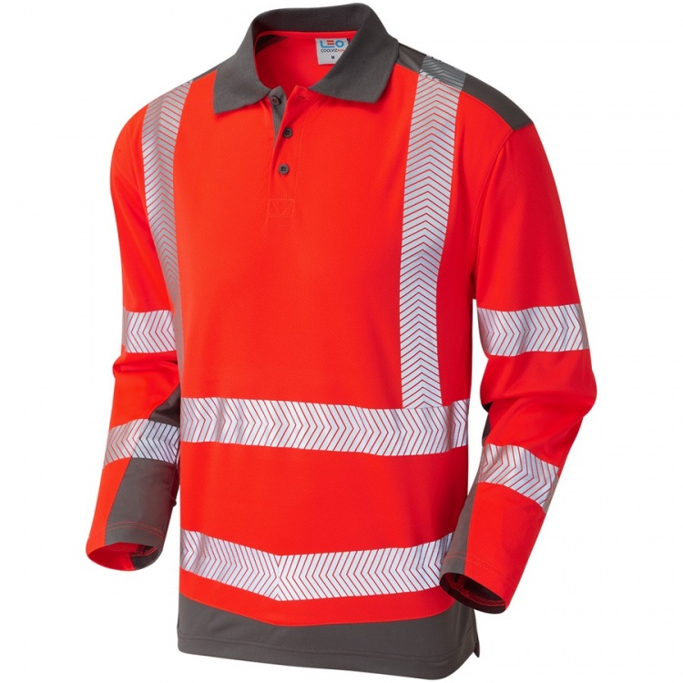 Leo Workwear P15-R/GY Wringcliff EcoViz Coolviz Plus Sleeved Polo Shirt Red / Grey